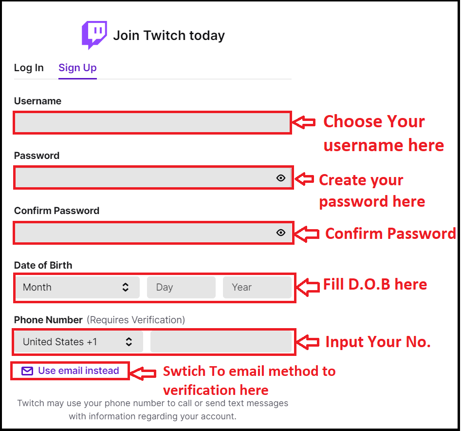 fill details to create twitch tv account