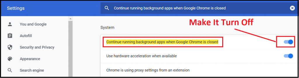 off running background app  in google chrome