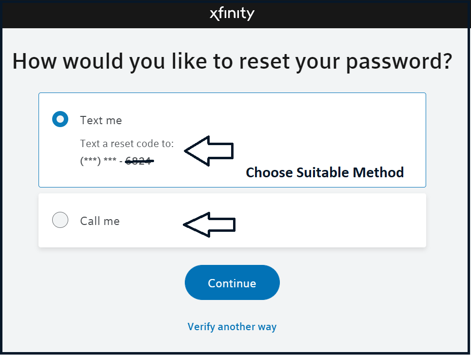 choose xfinity password reset text method